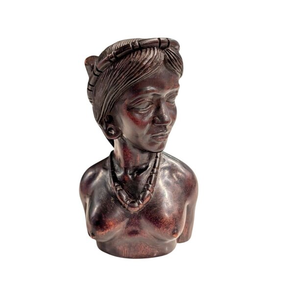 African Inspired Hand-Carved Wooden Female Bust Statue 7 in tall - Picture 11 of 16